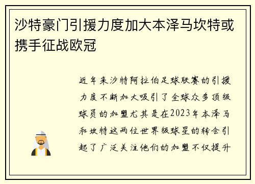 沙特豪门引援力度加大本泽马坎特或携手征战欧冠