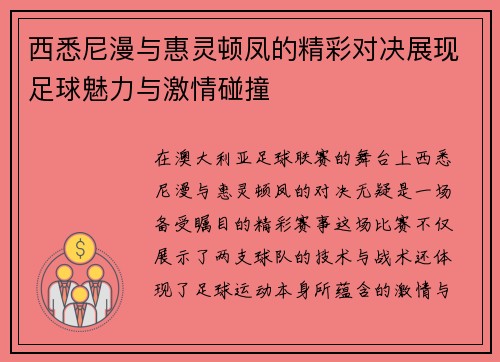 西悉尼漫与惠灵顿凤的精彩对决展现足球魅力与激情碰撞